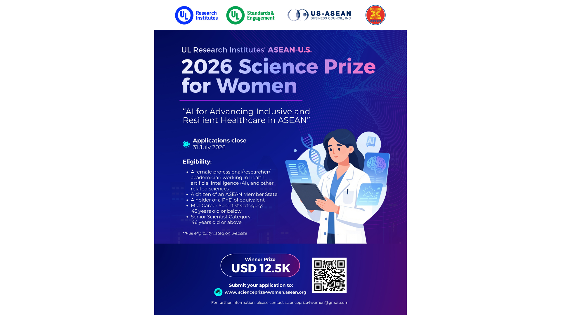 CALL FOR APPLICATIONS: UL RESEARCH INSTITUTES–ASEAN-U.S. SCIENCE PRIZE FOR WOMEN 2026